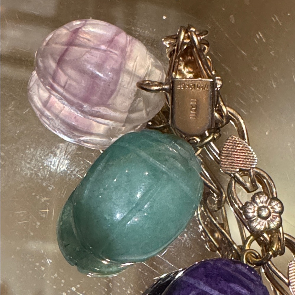 Vintage Egyptian Revival Scarab Charm Bracelet 1950s Gold Filled - Picture 3 of 9